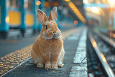 Portrait of an Easter  bunny at a train station. Generative AIの素材