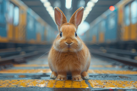 Portrait of an Easter  bunny at a train station. Generative AIの素材