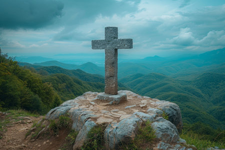 View of religious cross on top of  mountain with sky and clouds. Generative Aiの素材