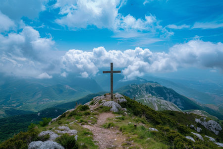 View of religious cross on top of  mountain with sky and clouds. Generative Aiの素材