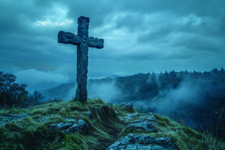 View of religious cross on top of  mountain with sky and clouds. Generative Aiの素材