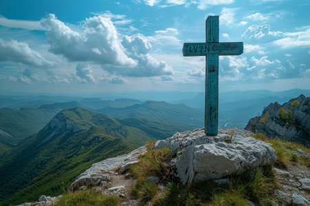 View of religious cross on top of  mountain with sky and clouds. Generative Aiの素材