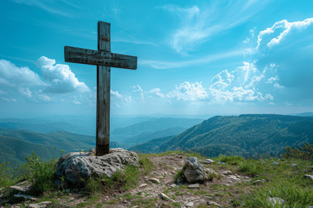 View of religious cross on top of  mountain with sky and clouds. Generative Aiの素材
