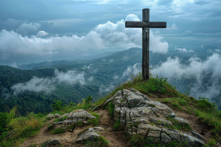 View of religious cross on top of  mountain with sky and clouds. Generative Aiの素材