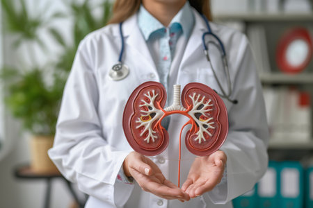Female doctor holding model  of human kidney in her hands. Generative Aiの素材