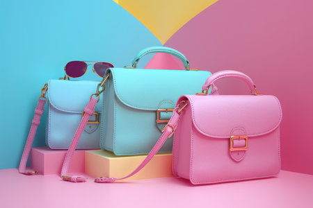 Beautiful 3d pastel color  bags and sunglasses. Generative Aiの素材