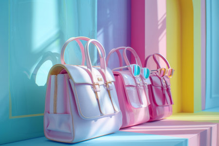 Beautiful 3d pastel color  bags and sunglasses. Generative Aiの素材