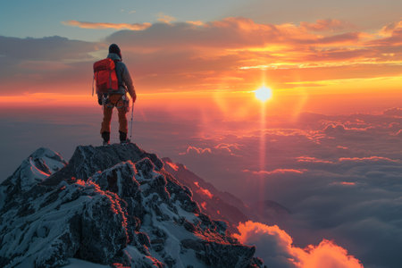 A man on top of a  mountain  with the sun setting behind him. Generative Aiの素材