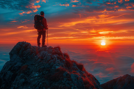 A man on top of a  mountain  with the sun setting behind him. Generative Aiの素材