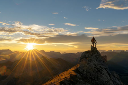 A man on top of a  mountain  with the sun setting behind him. Generative Aiの素材