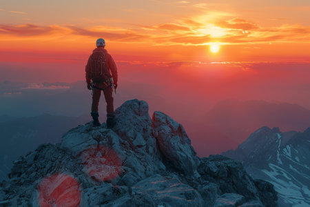A man on top of a  mountain  with the sun setting behind him. Generative Aiの素材