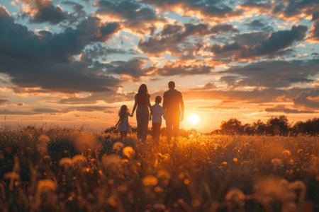 Affectionate family relationship  in a field during sunset. Generative Aiの素材