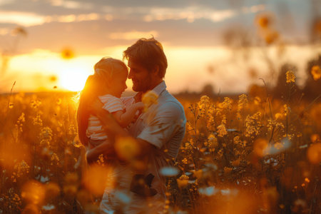 Affectionate family relationship  in a field during sunset. Generative Aiの素材