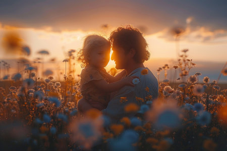 Affectionate family relationship  in a field during sunset. Generative Aiの素材