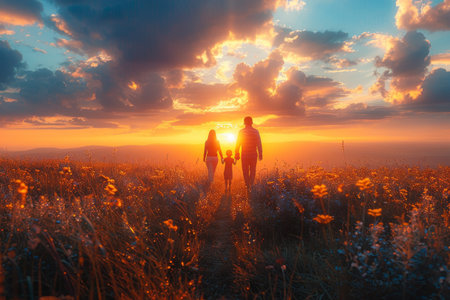 Affectionate family relationship  in a field during sunset. Generative Aiの素材