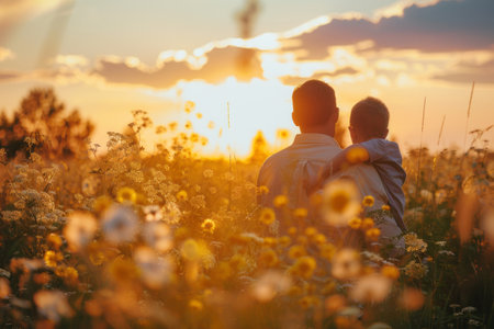 Affectionate family relationship  in a field during sunset. Generative Aiの素材