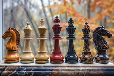 Assortment of chess pieces  with dramatic backdrop. Generative Aiの素材