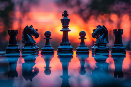 Assortment of chess pieces  with dramatic backdrop. Generative Aiの素材