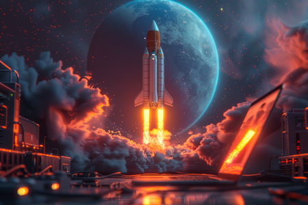 Digital illustration of rocket  and laptop background with blue neon light. Generative AIの素材