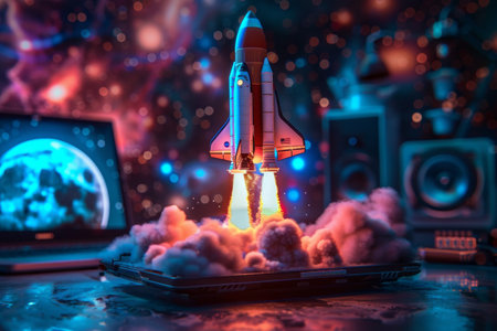 Digital illustration of rocket  and laptop background with blue neon light. Generative AIの素材