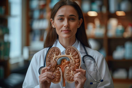 Female doctor holding model  of human kidney in her hands. Generative Aiの素材