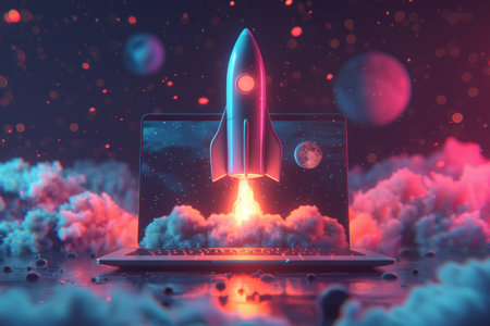 Digital illustration of rocket  and laptop background with blue neon light. Generative AIの素材