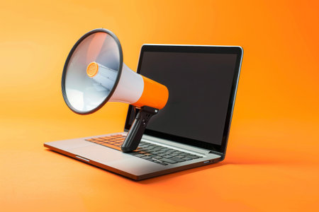 Megaphone on laptop  screen, orange background. Generative Aiの素材