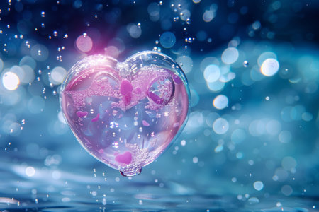 Floating pink love shape bubble  under sea with blue bright light background. Generative AIの素材