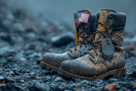 Old military combat  boots with tags and a small American flag. Generative AIの素材