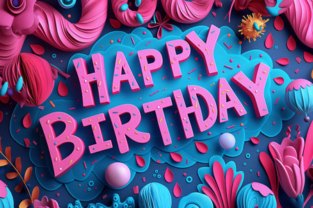 "HAPPY BIRTHDAY" text, happy birthday illustration stock, in the  style of dark pink and light azure. Generative AIの素材