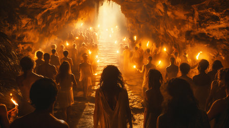 A group of people in a cave, imprints on a stone wall,  burning torches, cinematography. Generative AIの素材