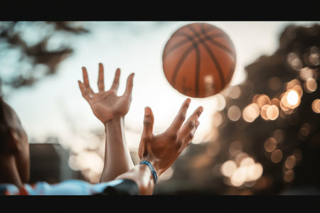 Basketball jump ball,  outdoor, close-up hands. Generative AIの素材