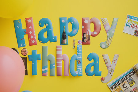The word "Happy Birthday" formed  by Collage Art of birthday elements. Generative AIの素材