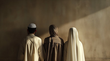 Family dressed in muslim clothes looking at  empty wall. Generative AIの素材