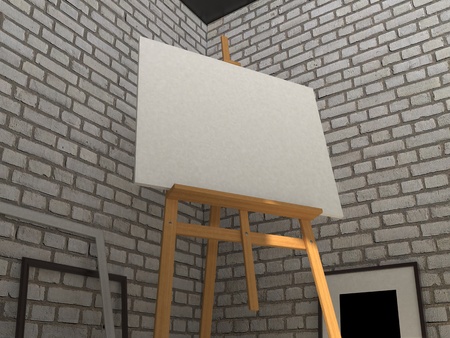 Easel with canvas on a brick wall background. Realistic painting mockup design. 3D rendering illustration.の写真素材