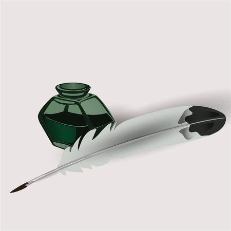 Feather and inkwell white backgroundの写真素材