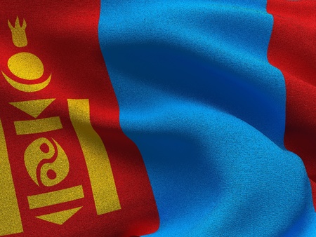 Texture of a fabric with the image of the flag of Mongolia, waving in the wind.