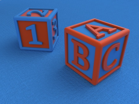 Baby cubes with figures and letters on a blue background, a toy for learning the numbers and letters. 3D render illustration.の写真素材