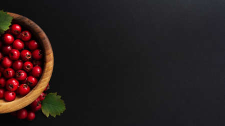 Top view of wooden bowl full of red berries on black background. Autumn concept. Copy space. Banner format.の写真素材