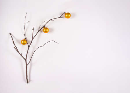 Holiday greeting card. Flat lay, minimal nature christmas concept. Copy space. Branch decorated with small christmas golden balls.の写真素材