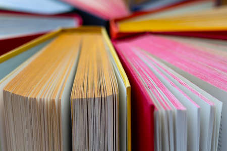 Colorful hardbounds books. Selective focus. Education concept. Book store. Close up.の写真素材