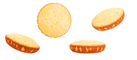 Culinary baking concept. Isolated on white background vanilla sponge cakes. Different angles.