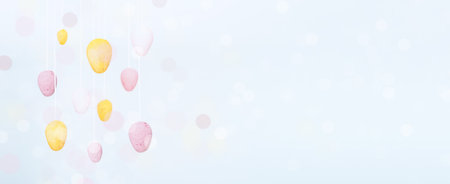 Amazing Easter festive banner with eggs and bokeh. Easter eggs hunt invitation. Soft toning, Copy...