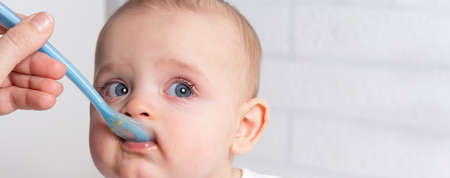 Mother feeding baby with blue baby spoon. Banner. First baby fruit puree. Close up photo of caucasian baby boy. Child learning to eat.の写真素材