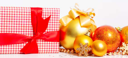 Christmas festive Decoration composition. Banner. Assorted golden balls with stars and decorative...