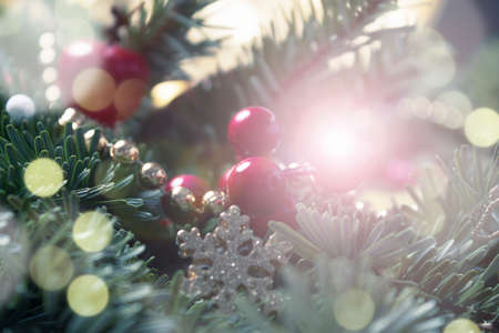 Festive elegant Christmas card. Blurry fir branches with holly berries, sparkles, bokeh and fairy...