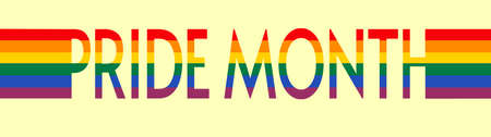 Pride month text banner with LGBT flag as continuation of the letters. LGBT concept. Lgbt flag banner text on yellow background. Design and Advertising element. Gender equality.の写真素材