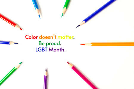 Circle of sharpened colored pencils. The focus on text in the center. Pencils point to text or idea. Be proud during LGBT pride month.の写真素材