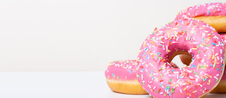 Right pink yummy donuts banner. Close up.の写真素材