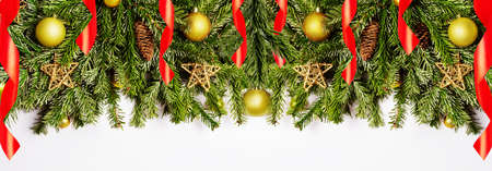 Christmas upper border. Spruce, decoration, cones, linen.